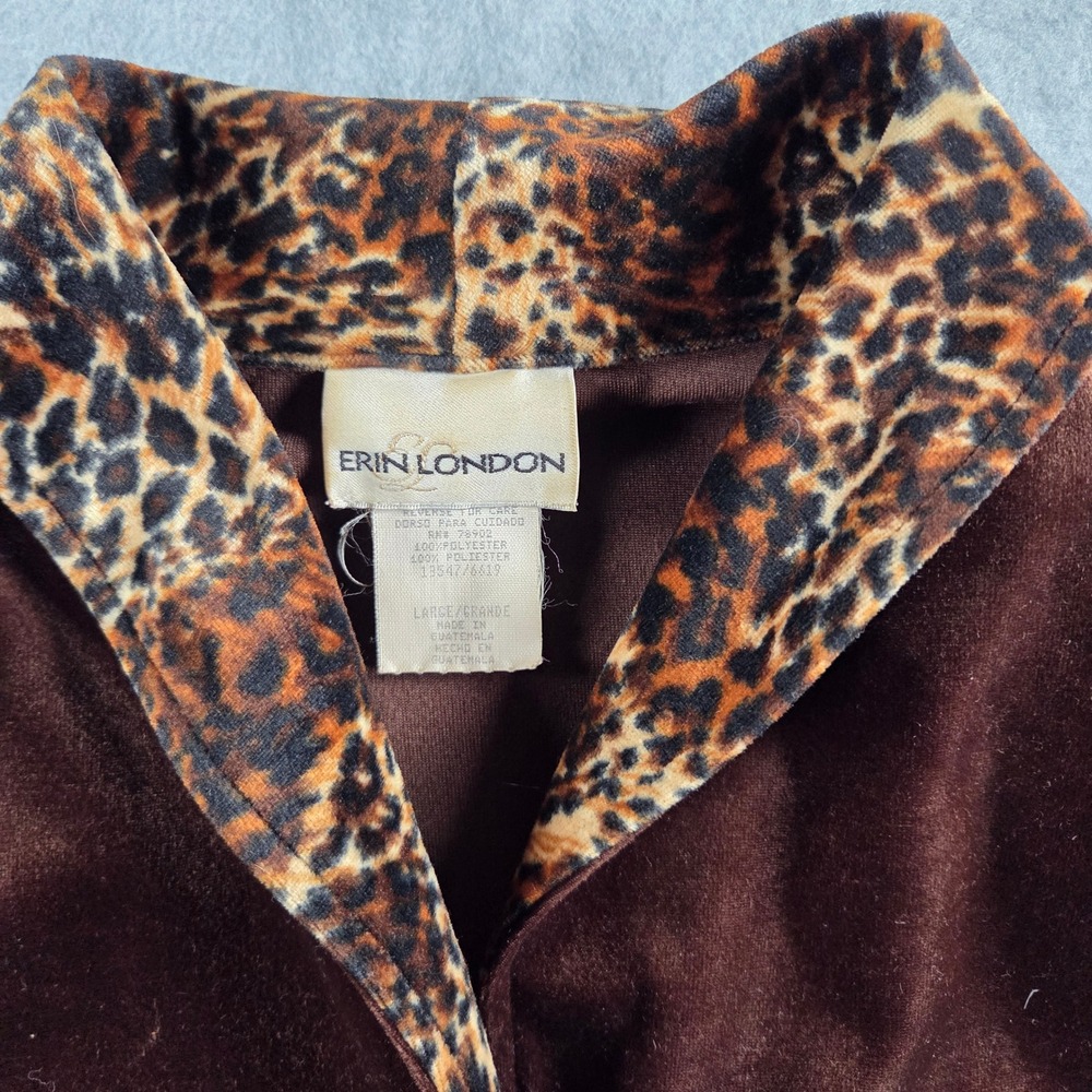 Erin London Velvet Jacket Women Large Brown Leopard Print Trim Button Up - Picture 5 of 8